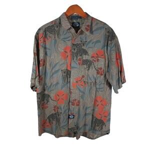 Vintage Men's Dockers Levi’s Medium Hawaiian Floral Cheetah Leopard Brown Shirt